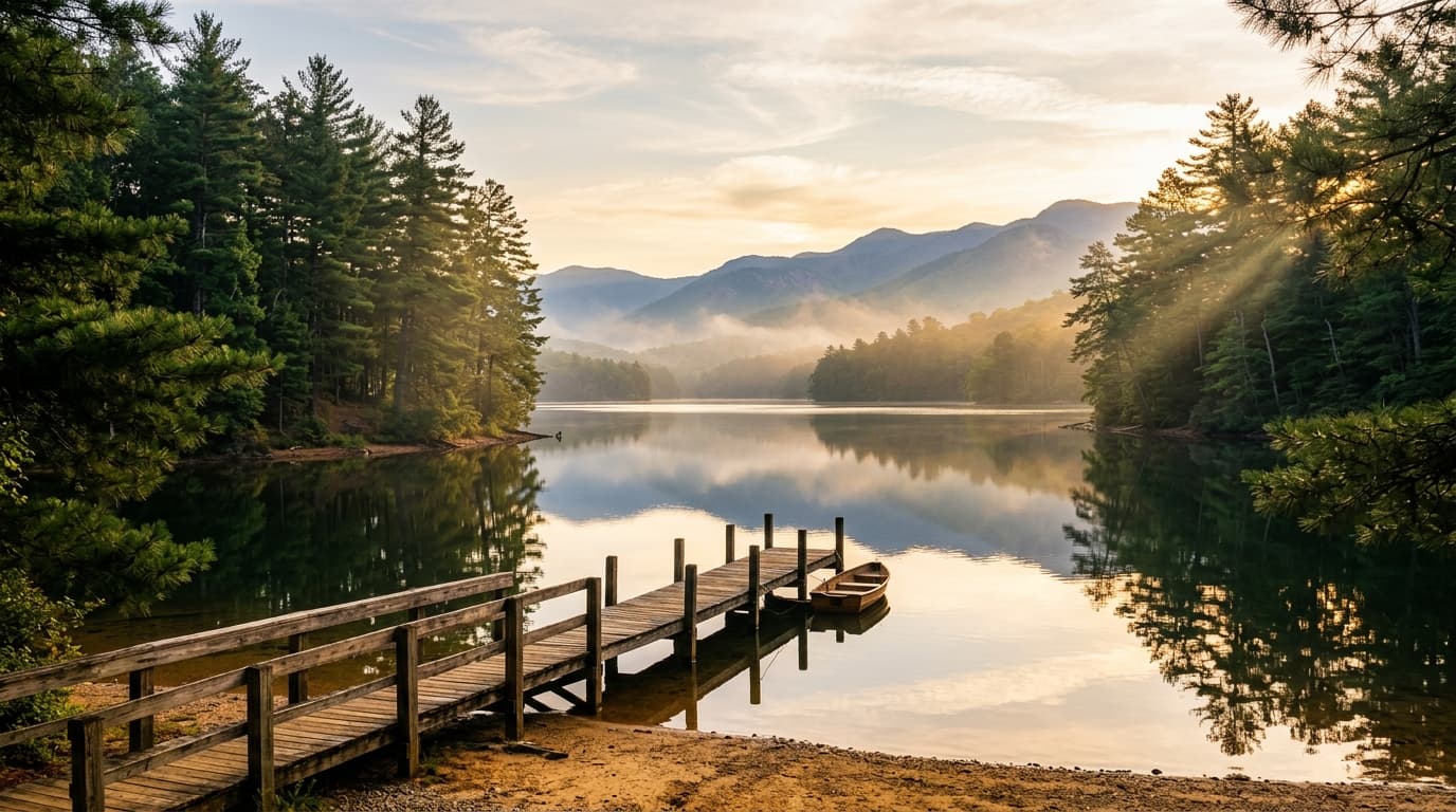 Serene Carolina mountain lake and pine forest at golden sunrise